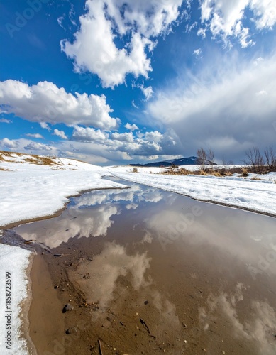 A puddle filled with melted snow water. Generative AI