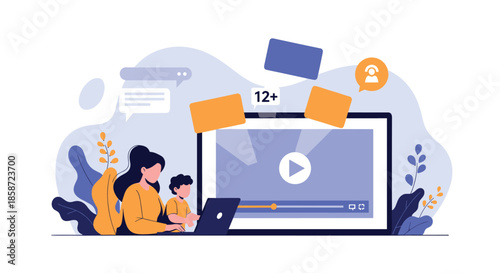 Mother and child using a laptop to watch online videos with parental controls and age restriction notifications enabled.