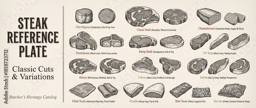 Engraved collection showcasing classic steak cuts with detailed variations, perfect for culinary enthusiasts and chefs alike