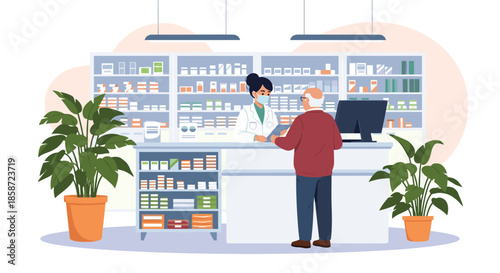 Female pharmacist wearing a face mask serving an elderly male customer at the counter in a modern and clean pharmacy.