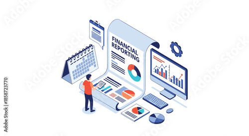 Man analyzing a long financial reporting document with charts and graphs using a computer and calendar for scheduling.