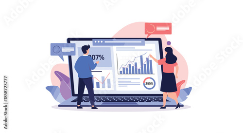 Business colleagues analyzing company growth data and performance metrics on a large interactive laptop dashboard.