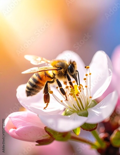 A macro shot of a bee awakened in early spring. Generative AI