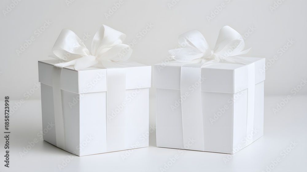 Fototapeta premium Two Minimalist White Gift Boxes with Satin Ribbons. Luxury Packaging Mockup on a Clean Background.
