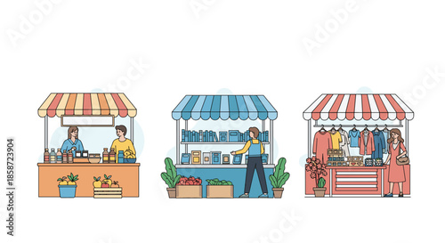 Set of three local market stall illustrations with vendors selling fresh produce books and clothing to various customers.