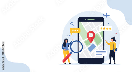 Two women using a large smartphone with a map and a magnifying glass to find a location and read online reviews.