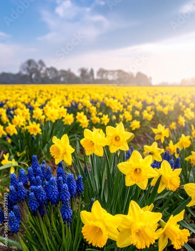 A field of yellow daffodils blooming in spring. Generative AI