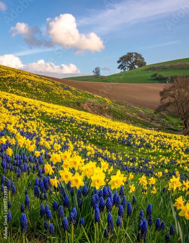 A field of yellow daffodils blooming in spring. Generative AI