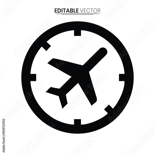 A simple black and white vector illustration of an airplane inside a circular clock face