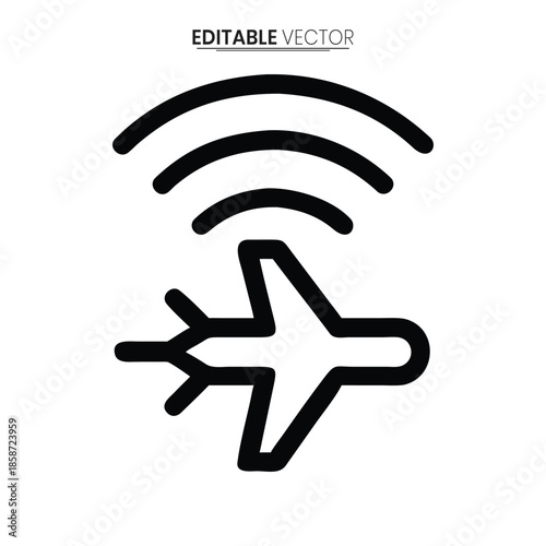 A simple black line vector graphic depicting an airplane with wifi signal waves emanating from it