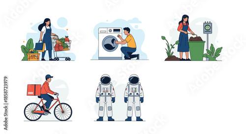 Set of character illustrations showing various daily activities like grocery shopping laundry and food delivery service.