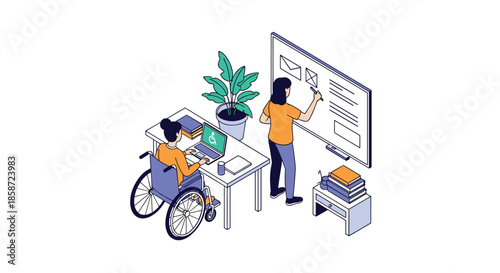 Inclusive and accessible learning environment with a woman in a wheelchair studying and another writing on a whiteboard.