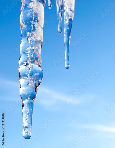 A close-up of a melting icicle's water droplet. Generative AI