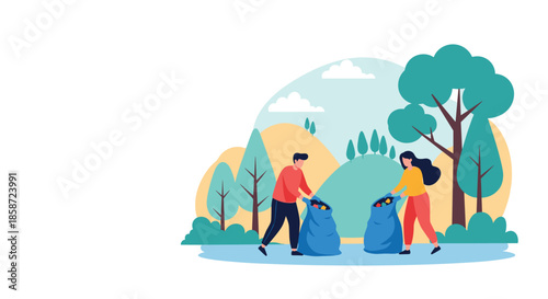 Couple of volunteers cleaning up a park by collecting trash into large bags to help protect the natural environment.