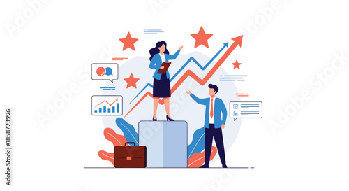 Business leaders standing on a podium celebrating success and growth with upward arrows and stars in the background.