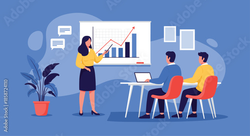 Businesswoman giving a presentation to her colleagues using a whiteboard with a rising bar chart to show company growth.