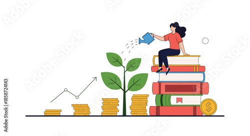 Woman watering a plant that is growing from stacks of coins representing investment in education and financial growth.