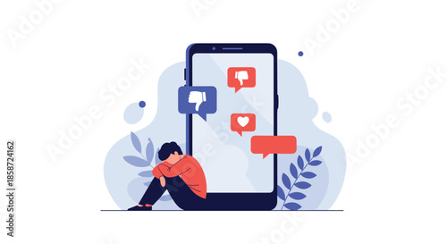 Sad man sitting in front of a smartphone experiencing cyberbullying and negative feedback on social media platforms.