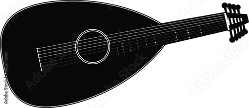A black and white illustration depicting a vintage lute instrument