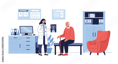 Female doctor in a clinic showing an x-ray image to an elderly male patient and discussing the medical results.