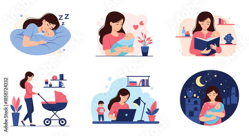 A beautiful collection of illustrations showing the daily life and routine of a new mother caring for her newborn baby at home. The loving moments include sleeping feeding reading and working.