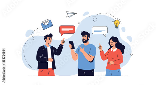 A group of three diverse friends happily communicating and sharing ideas with speech bubbles and icons around them. The flat vector design represents social networking and friendly conversation.