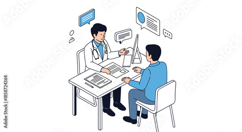 Isometric line art illustration of a doctor consulting with a male patient at a desk in a clinic or hospital office. This represents a medical consultation diagnosis and healthcare communication.