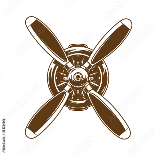 Vintage Top view of a vintage airplane propeller with four blades isolated on white background