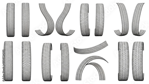 Dynamic collection of isolated tire treads and rubber patterns, showcasing various perspectives and textures for automotive and transportation designs