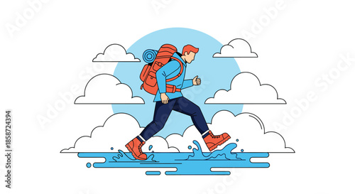 A male hiker with a large backpack confidently stepping through a puddle on a trail with a blue sky and clouds behind him. The illustration portrays adventure travel and outdoor exploration.