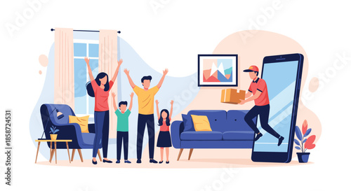 A happy family cheering as a delivery man jumps out of a giant smartphone to deliver a package in their living room. This fun illustration represents fast online shopping and home delivery services.