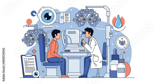 An ophthalmologist conducting an eye examination for a male patient using professional optometry equipment in a clinic. The detailed illustration represents vision care and medical diagnostics.