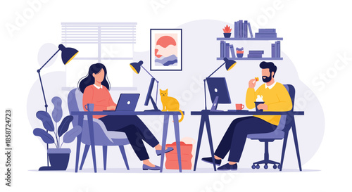 A man and a woman working from home in a shared office space with their desks computers and a cat sitting between them. This flat vector illustration shows a modern remote work or freelance lifestyle.