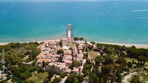 aerial view of the medieval village of Sant Marti d’Empuries at a summer day, L'Escala Girona, Catalonia, Spain