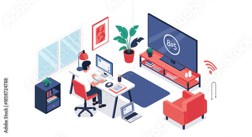 Isometric illustration of a man working or studying from a modern home office with a computer smart TV and comfortable furniture. The scene represents a productive remote work or freelance lifestyle.