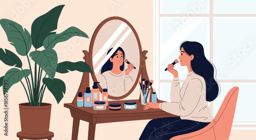 A beautiful young woman sitting at her vanity table applying makeup with a brush while looking in the mirror. The scene is filled with cosmetics and skincare products representing a beauty routine.