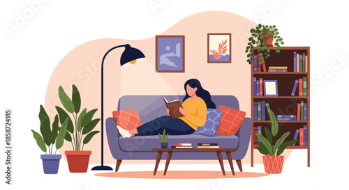 A young woman is relaxing on a comfortable sofa in her cozy living room reading a book under the warm light of a floor lamp. The scene depicts a peaceful and leisurely lifestyle at home.