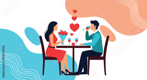 A romantic couple on a date at a restaurant table with the woman holding a bouquet of flowers and the man drinking wine. Hearts float above them symbolizing love and a romantic dinner.