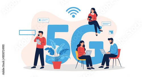 People using laptops and smartphones to connect to a high-speed 5G network for fast internet and global communication. The flat vector illustration represents the next generation of mobile technology.