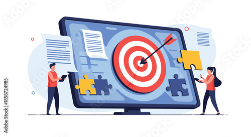 A team of two people working together to hit a target with an arrow by assembling puzzle pieces in front of a large screen. This flat vector illustration symbolizes achieving goals through teamwork.