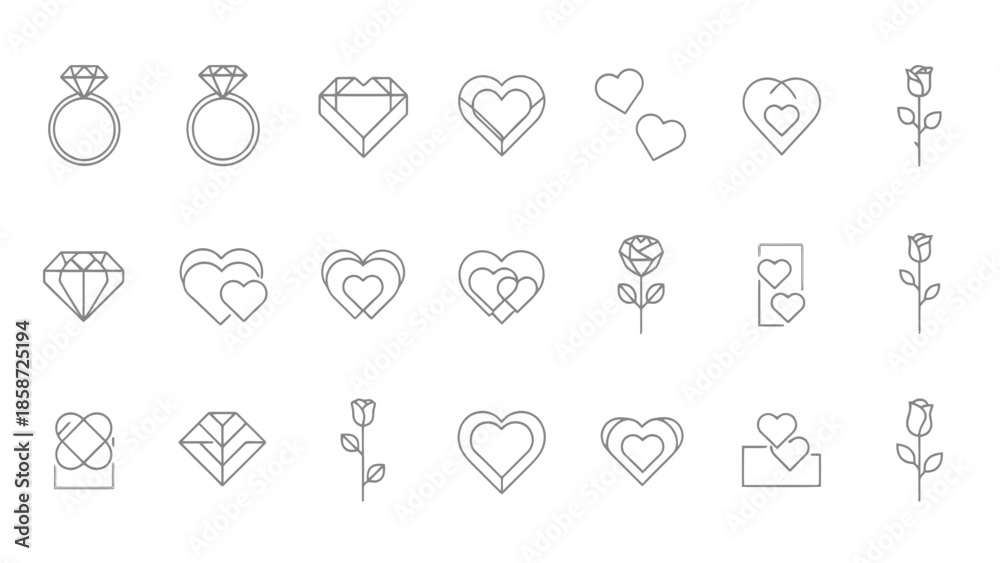 Fototapeta premium Set line icons of love and romance including hearts diamonds rings and roses