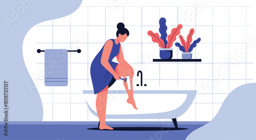 A woman in a modern blue-toned bathroom is shaving her legs while standing next to a bathtub. This flat vector illustration represents a personal care and beauty routine for hair removal.