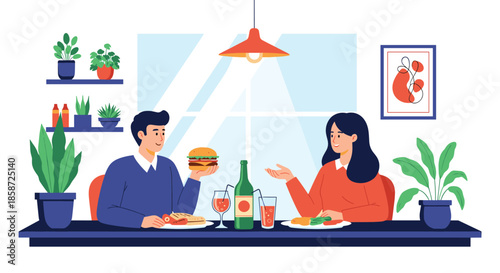 A young couple is enjoying a pleasant meal together at a restaurant or at home having a conversation over food. The flat vector illustration represents dining conversation and a happy relationship.