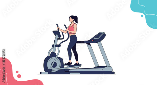 A woman exercising on an elliptical trainer machine next to a treadmill in a gym. This simple line art illustration with color accents promotes fitness cardio workouts and a healthy active lifestyle.