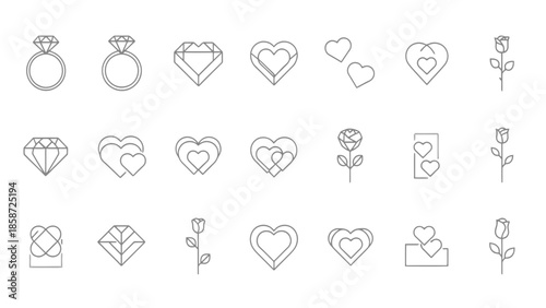Set line icons of love and romance including hearts diamonds rings and roses