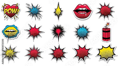 Pop art comic book style speech bubbles lips dynamite and starbursts on transparent background