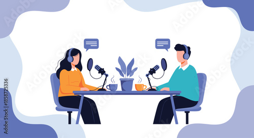 Man and woman hosting a live radio show or podcast interview sitting at a table with microphones and headphones on.