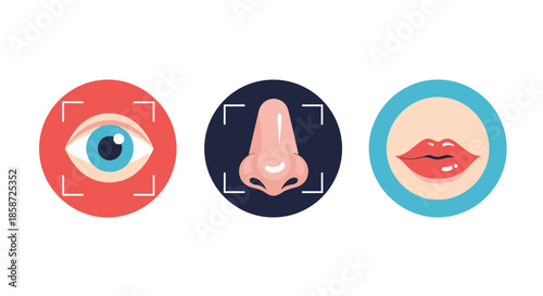Set of biometric identification icons featuring an eye for retinal scan a nose and lips for facial recognition technology.