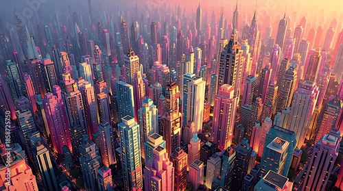 Futuristic Cyberpunk City Skyline at Sunset with Pink and Blue Lighting