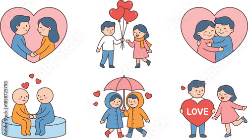 Cute love couple illustration set, romantic relationships scenes, heart symbols, dating moments, Valentine day cartoon characters collection design, vector artwork